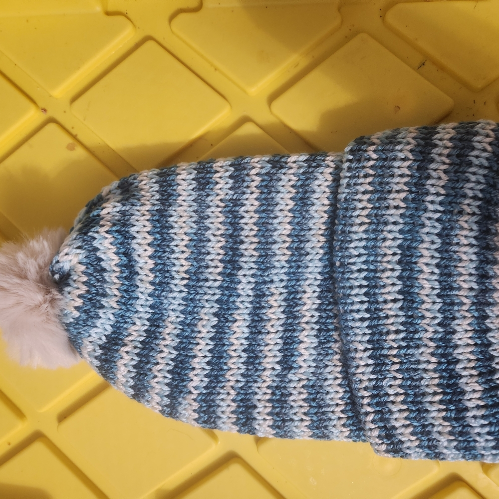 New! Hand Knitted Striped Blue and White Kids Pom-Pom Hat